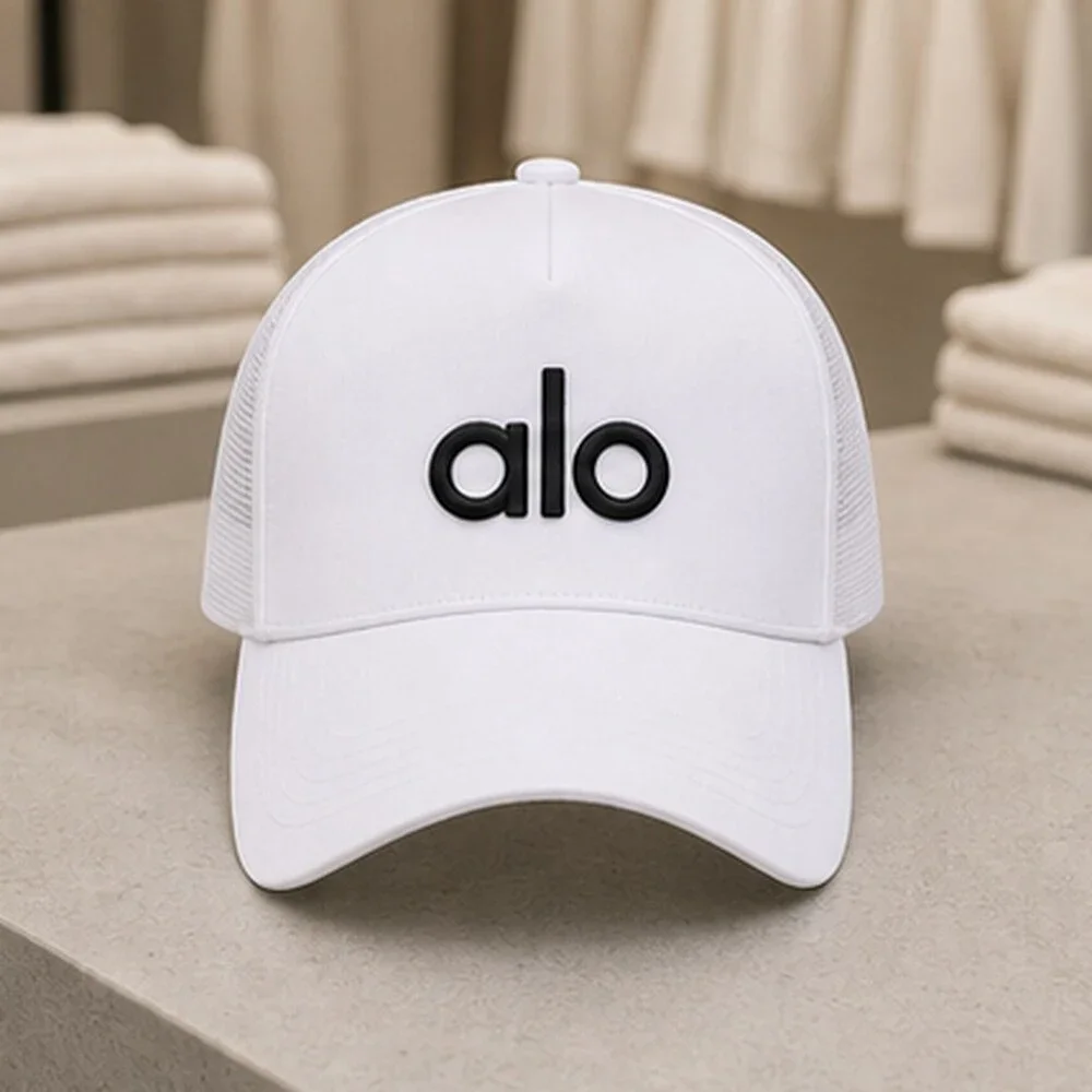 ALO Yoga White Black Travel Mesh Trucker Cap Hat Sporty